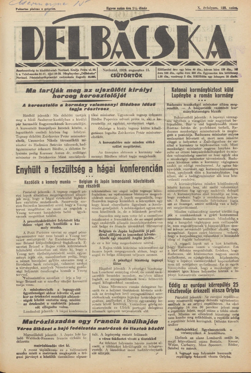 Délbácska, 10. évf. 1929. augusztus 15. 189. sz.