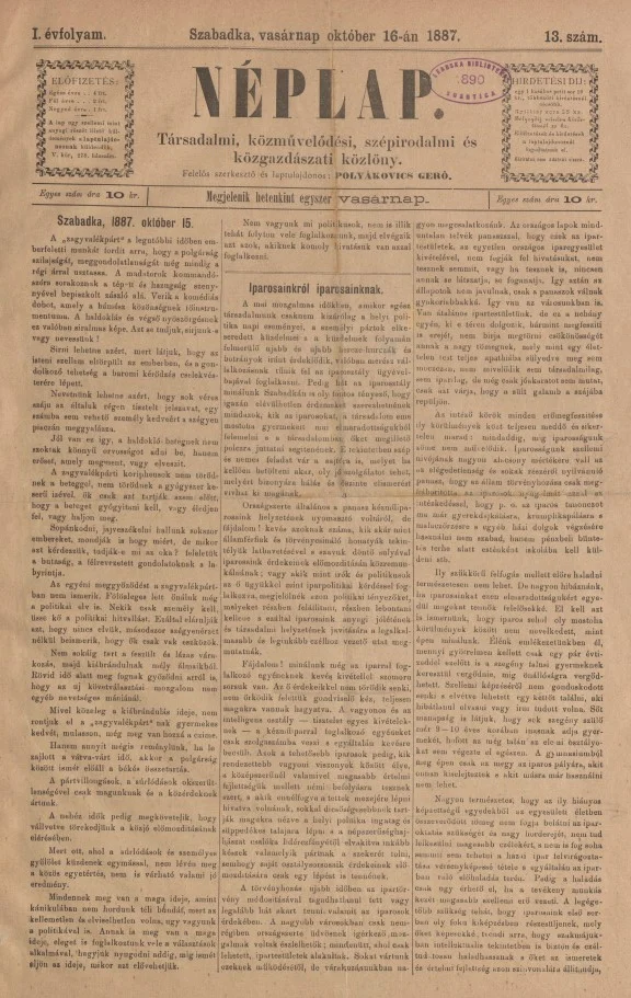 Néplap, 1. évf. 1887. október 16. 13. sz.