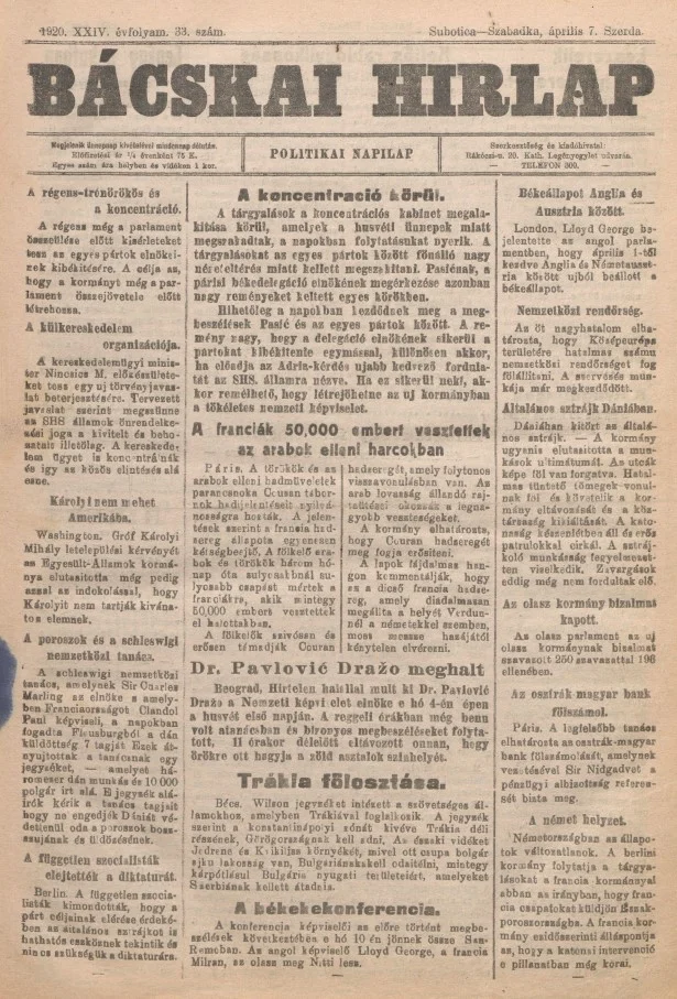 Bácskai Hirlap, 24. évf. 1920. április 7. 33. sz.