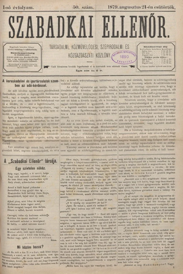 Szabadkai Ellenőr, 1. évf. 1879. augusztus 21. 50. sz.