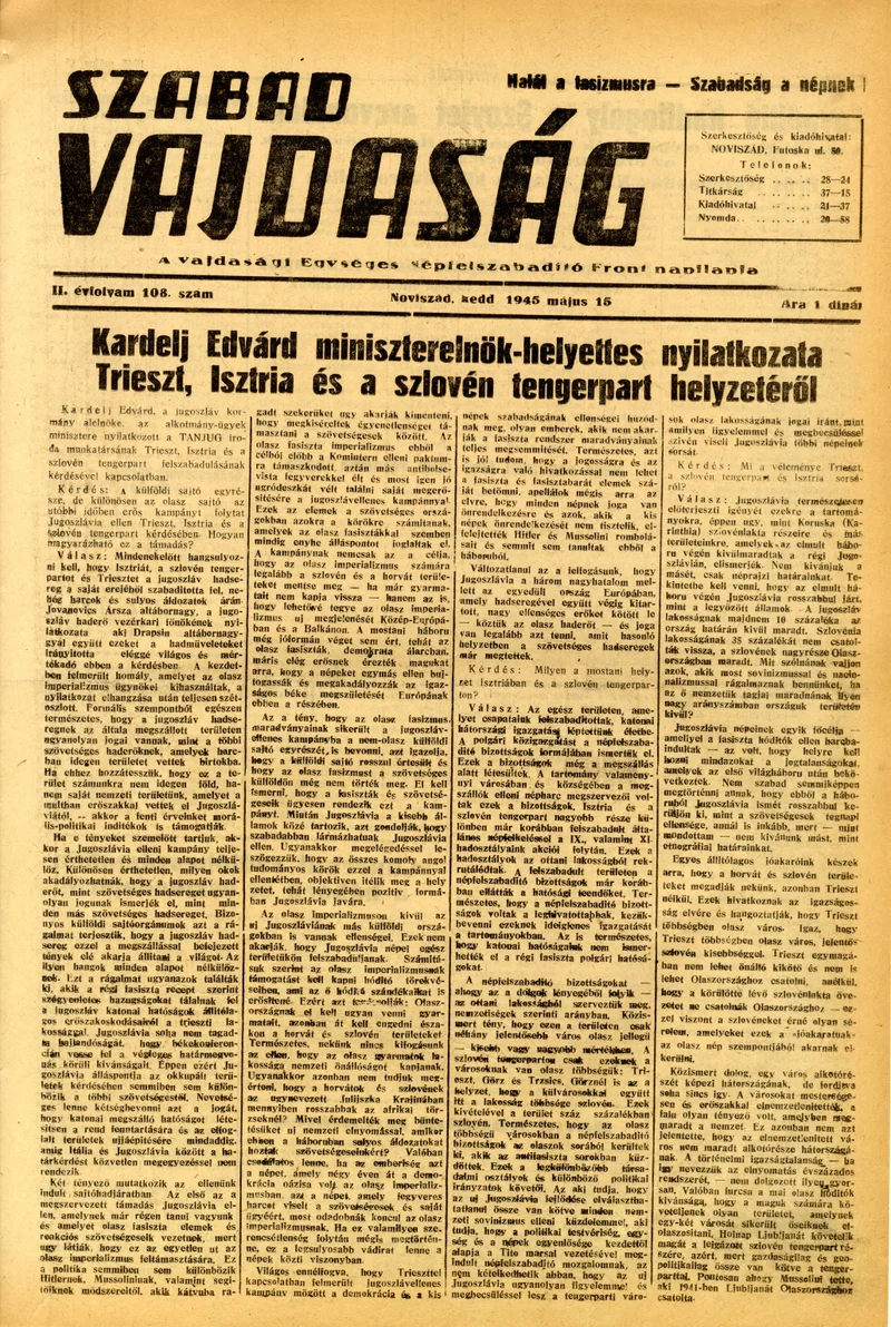 Szabad Vajdaság, 2. évf. 1945. május 15. 108. sz.