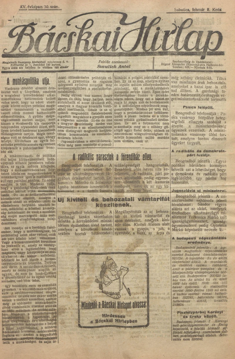 Bácskai Hirlap, 25. évf. 1921. február 8. 30. sz.