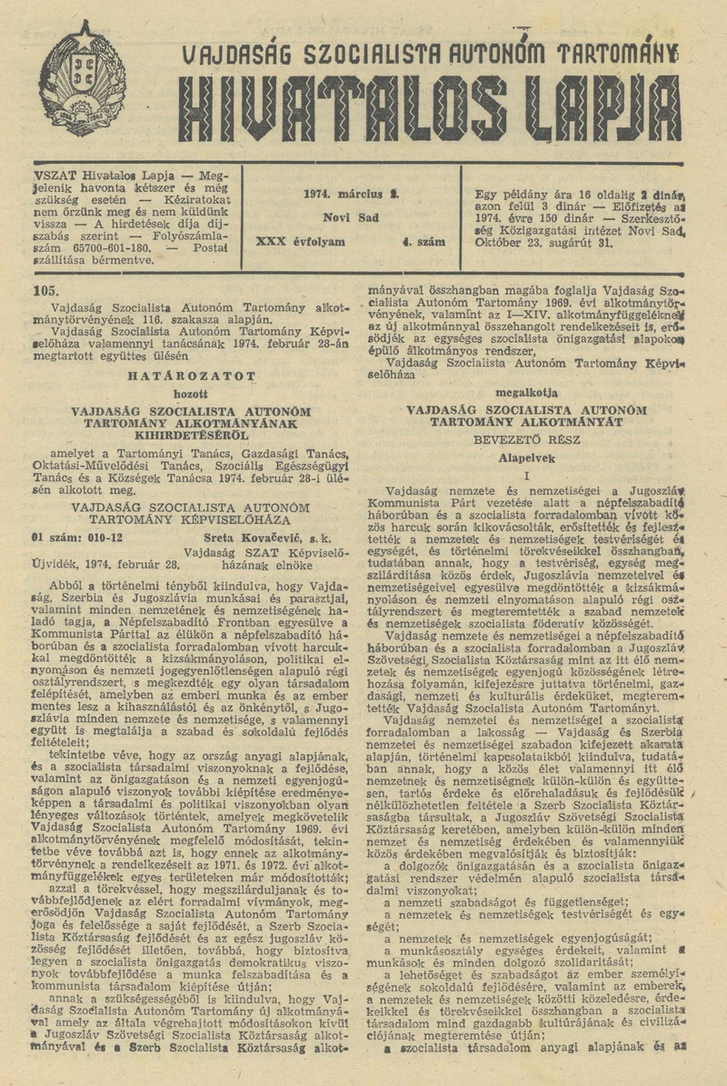 Vajdaság Szocialista Autonóm Tartomány Hivatalos Lapja, 30. évf. 1974. március 2. 4. sz. 97–176. oldal