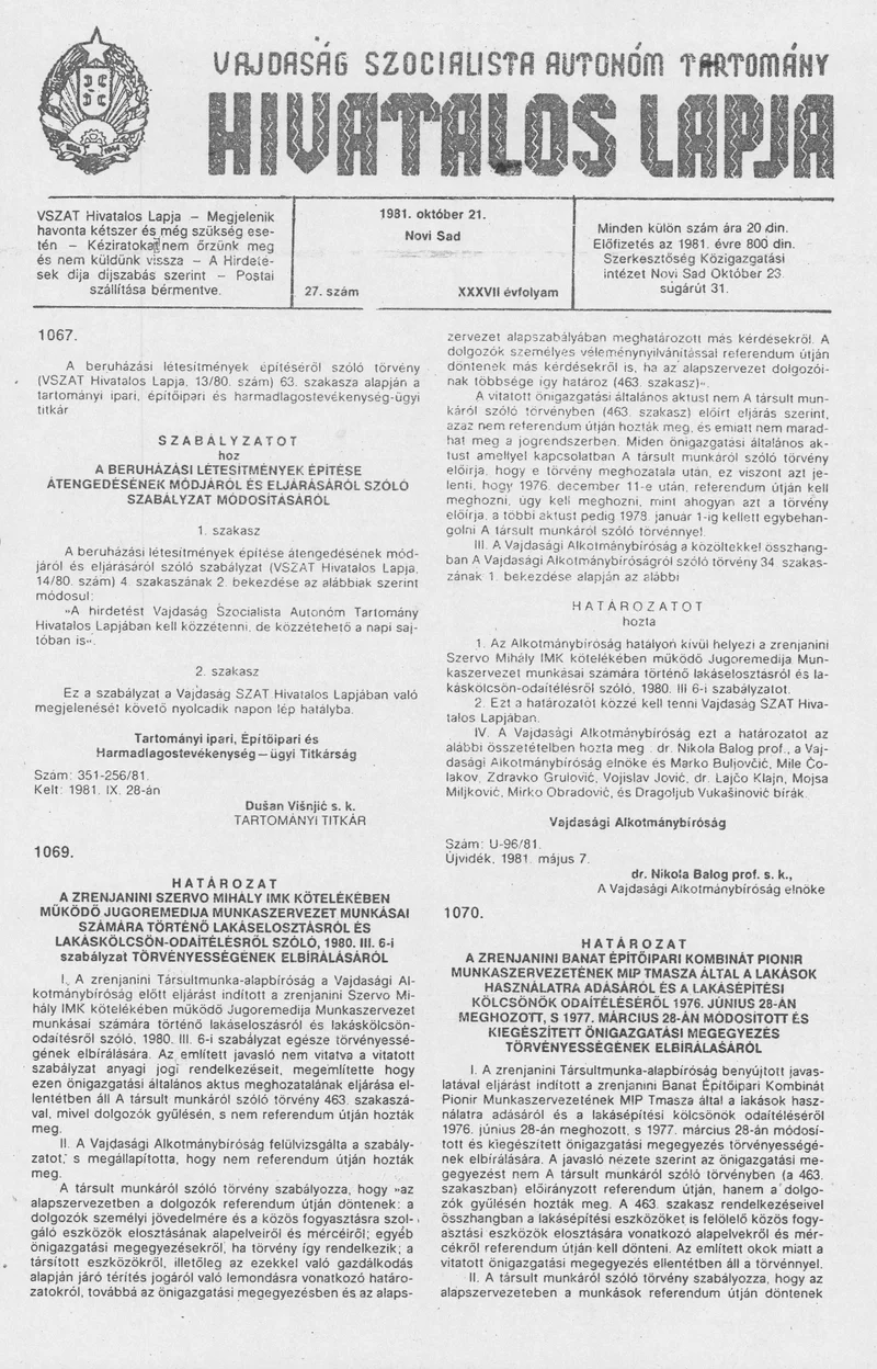 Vajdaság Szocialista Autonóm Tartomány Hivatalos Lapja, 37. évf. 1981. október 21. 27. sz.
