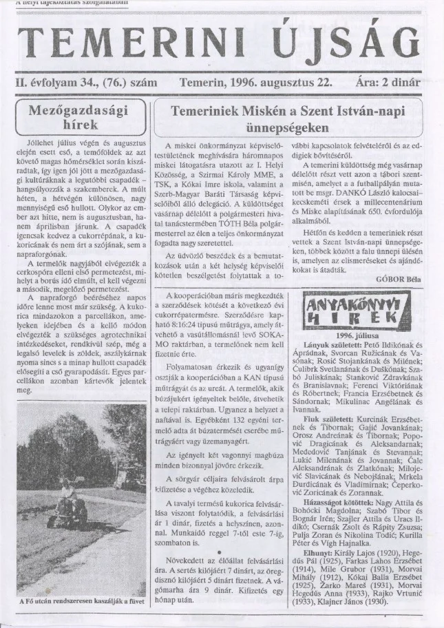 Temerini Újság, 2. évf. 1996. augusztus 22. 34. sz.