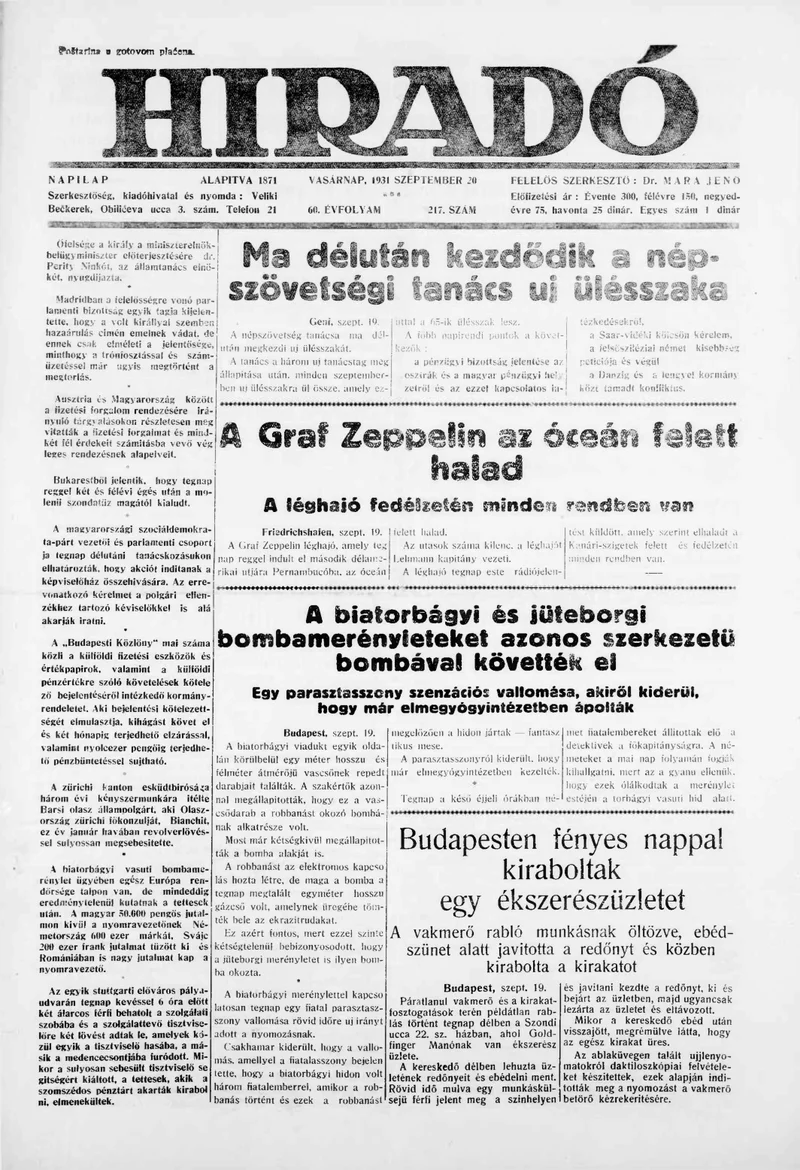 Híradó, 60. évf. 1931. szeptember 20. 217. sz.