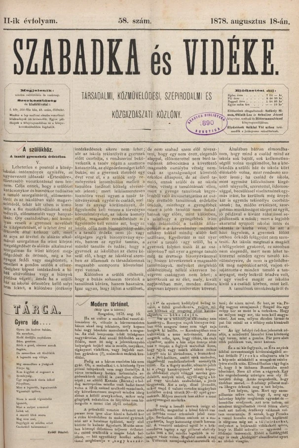 Szabadka és vidéke, 2. évf. 1878. augusztus 18. 58. sz.