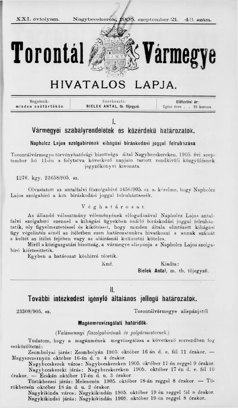 Torontál Vármegye Hivatalos Lapja, 21. évf. 1905. szeptember 21. 43. sz.