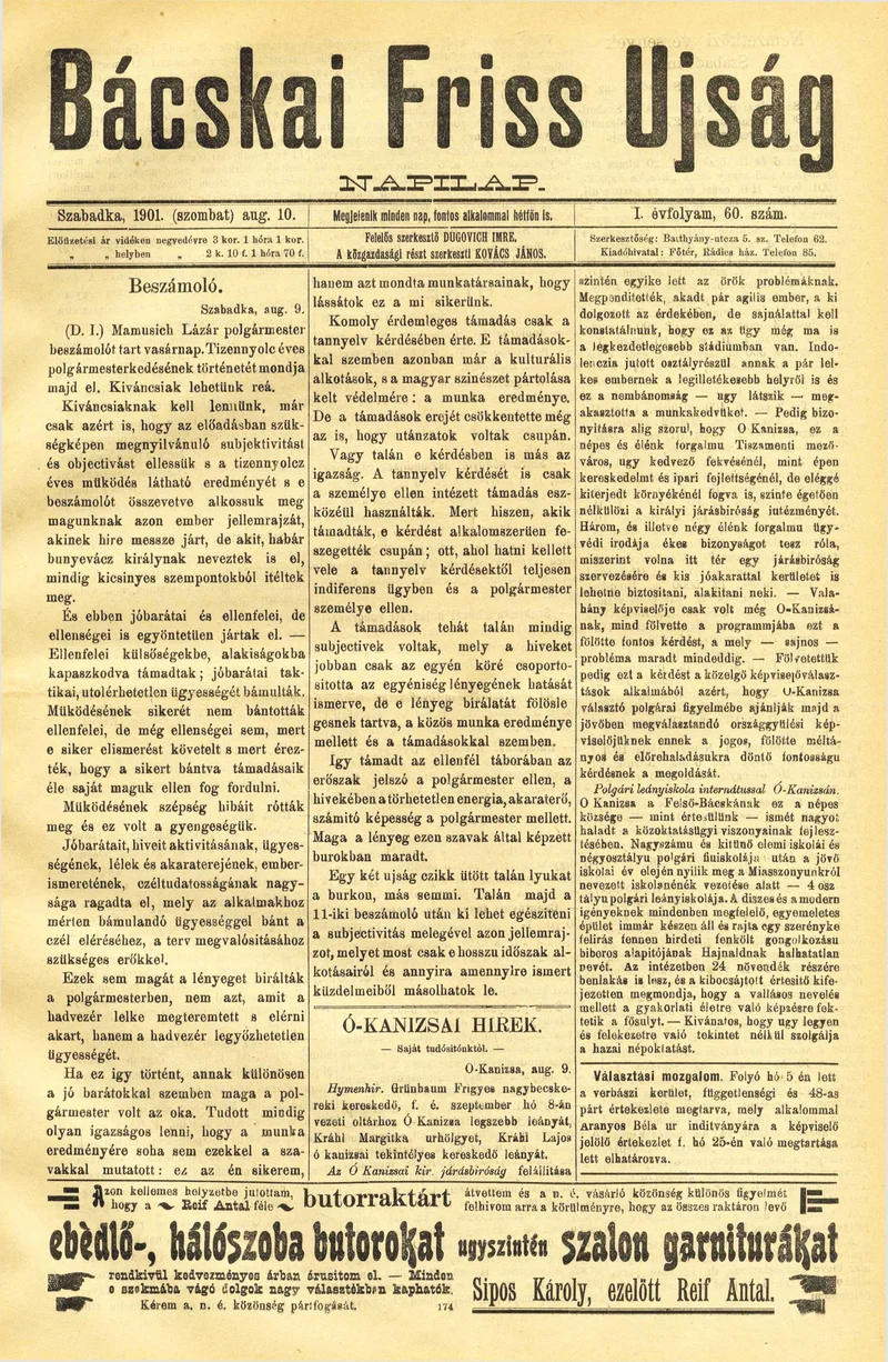 Bácskai Friss Ujság, 1. évf. 1901. augusztus 10. 60. sz.