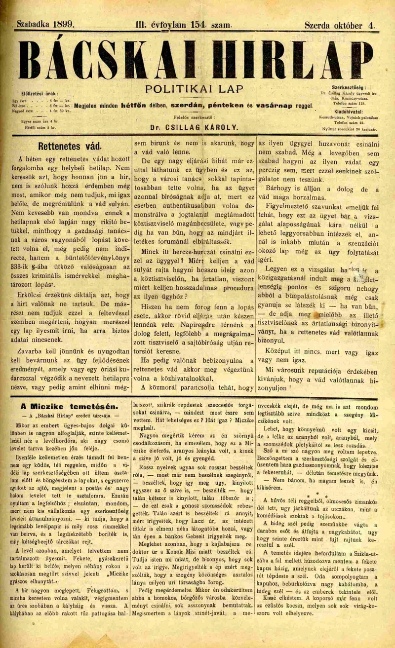 Bácskai Hirlap, 3. évf. 1899. október 4. 154. sz.