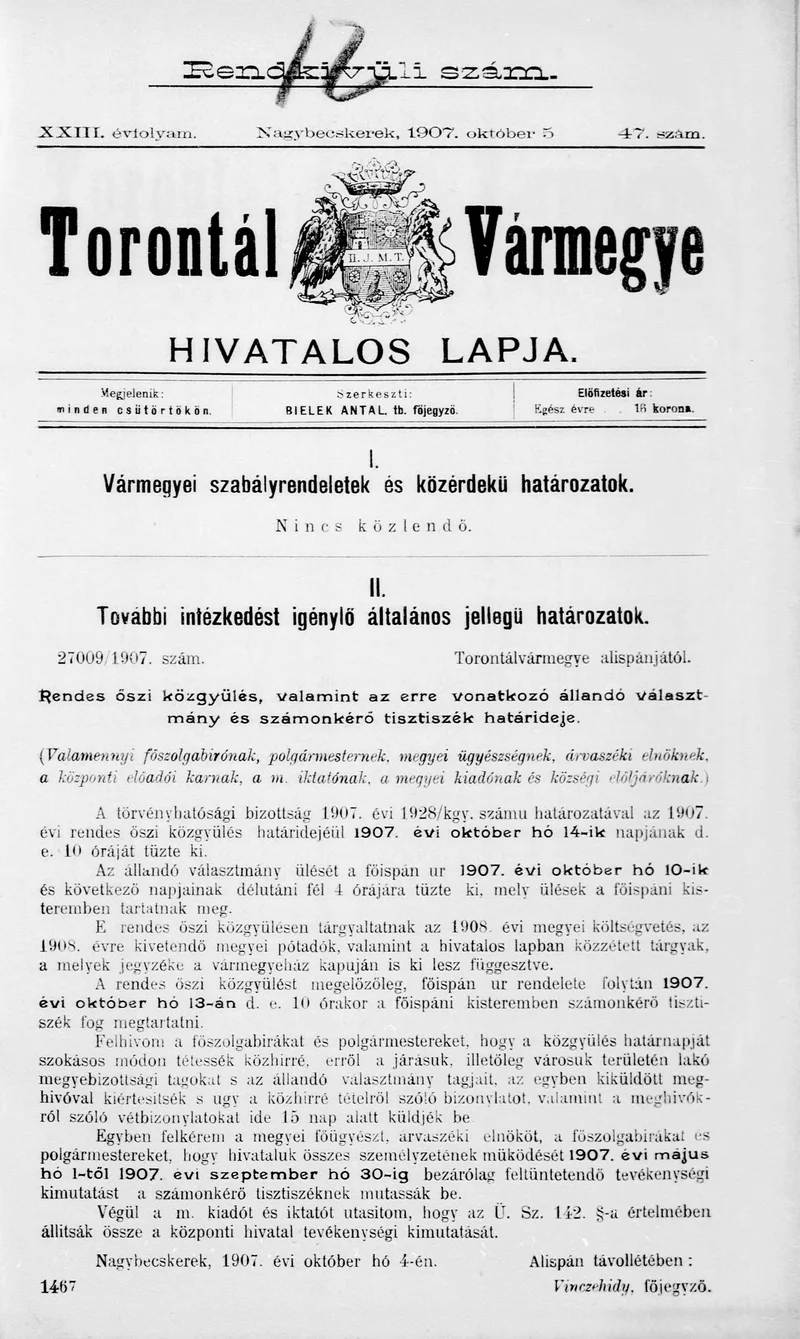 Torontál Vármegye Hivatalos Lapja, 23. évf. 1907. október 5. 47. sz.