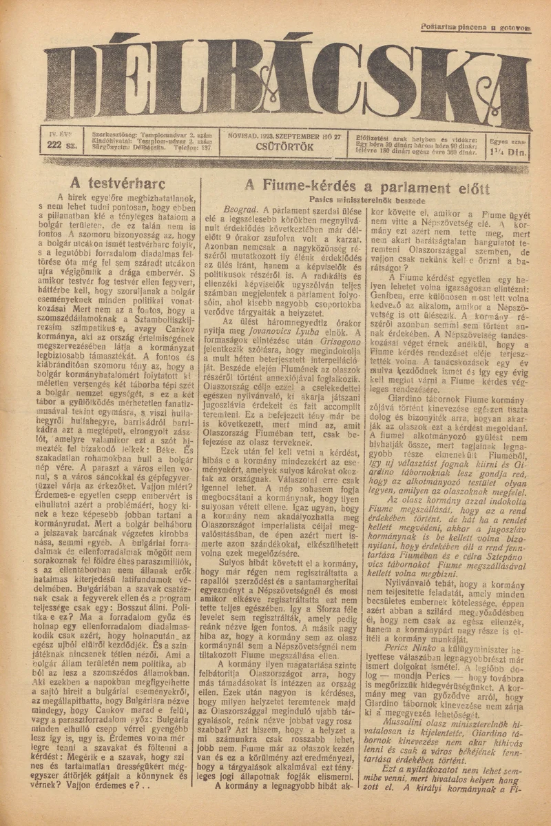 Délbácska, 4. évf. 1923. szeptember 27. 222. sz.