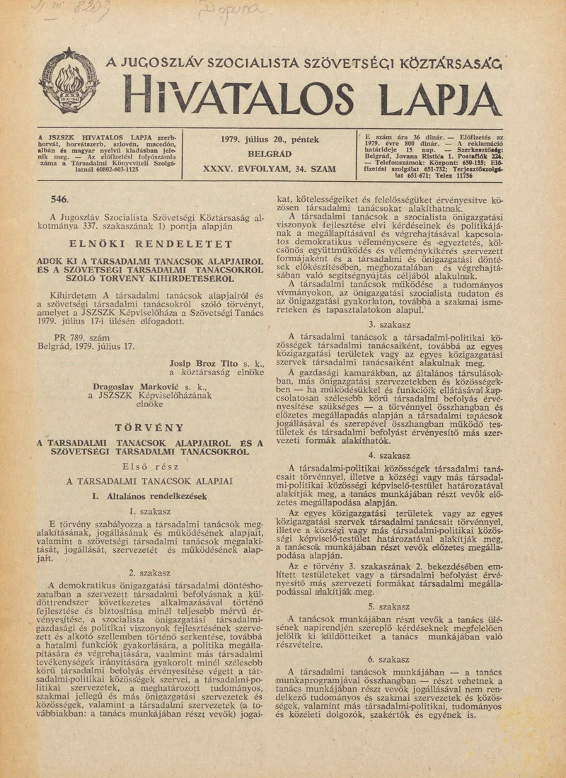 A Jugoszláv Szocialista Szövetségi Köztársaság Hivatalos Lapja, 35. évf. 1979. július 20. 34. sz. 1069–1108. oldal