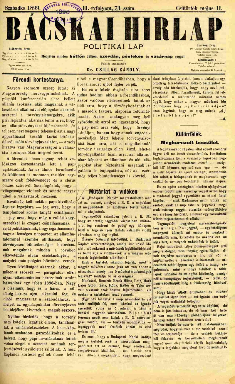 Bácskai Hirlap, 3. évf. 1899. május 11. 73. sz.