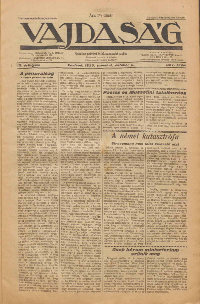 Vajdaság, 3. évf. 1923. október 6. 227. sz.