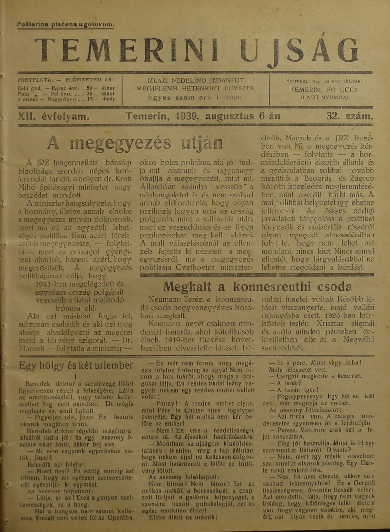 Temerini Újság 1928-1944, 12. évf. 1939. augusztus 6. 32. sz.