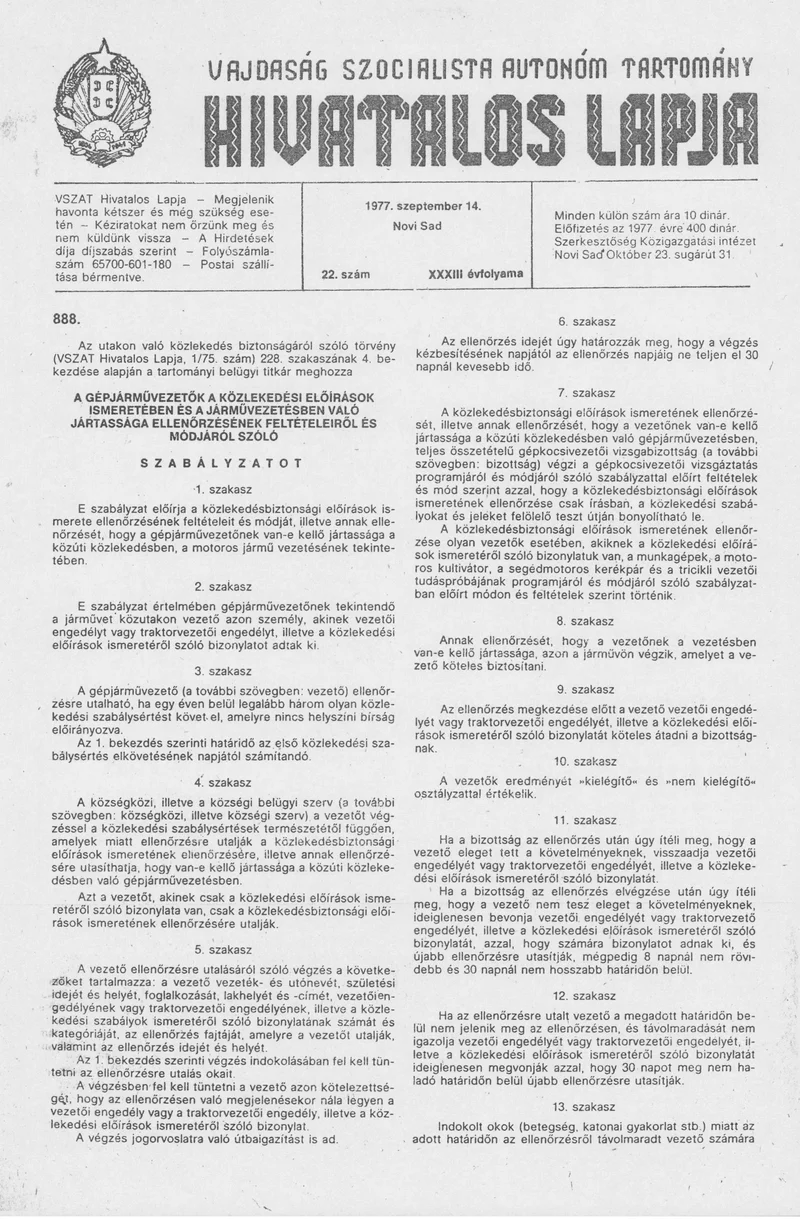 Vajdaság Szocialista Autonóm Tartomány Hivatalos Lapja, 33. évf. 1977. szeptember 14. 22. sz. 1077–1108. oldal