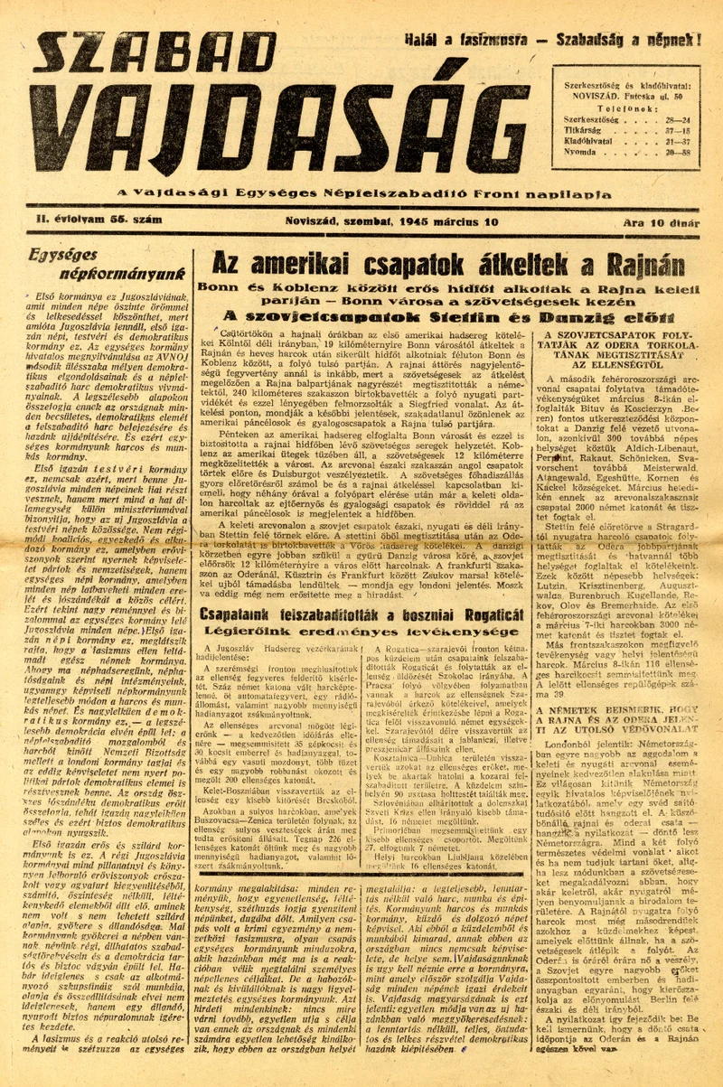 Szabad Vajdaság, 2. évf. 1945. március 10. 55. sz.