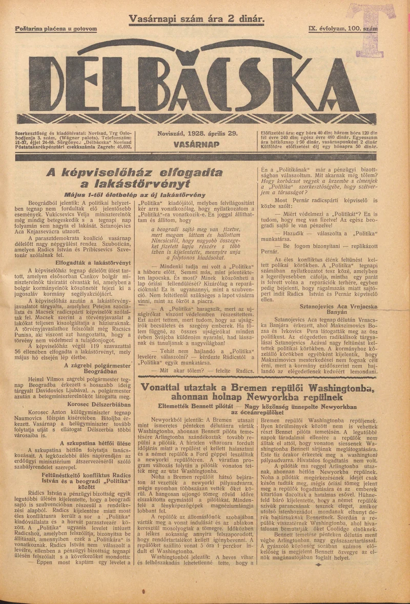 Délbácska, 9. évf. 1928. április 29. 100. sz.