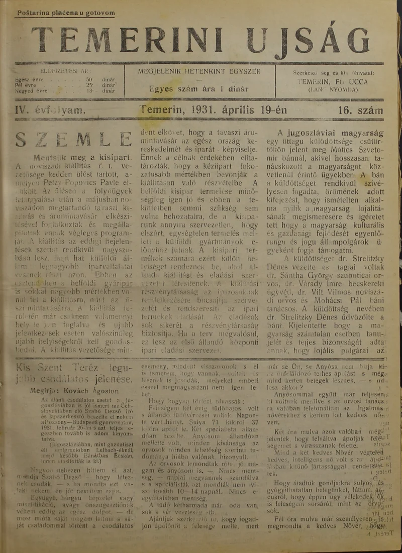 Temerini Újság 1928-1944, 4. évf. 1931. április 19. 16. sz.