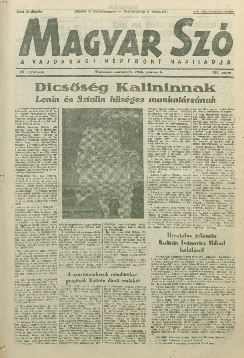 Magyar Szó, 3. évf. 1946. június 6. 133. sz. 1–8. oldal