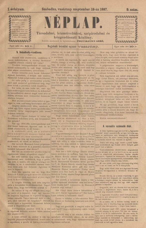 Néplap, 1. évf. 1887. szeptember 18. 9. sz.
