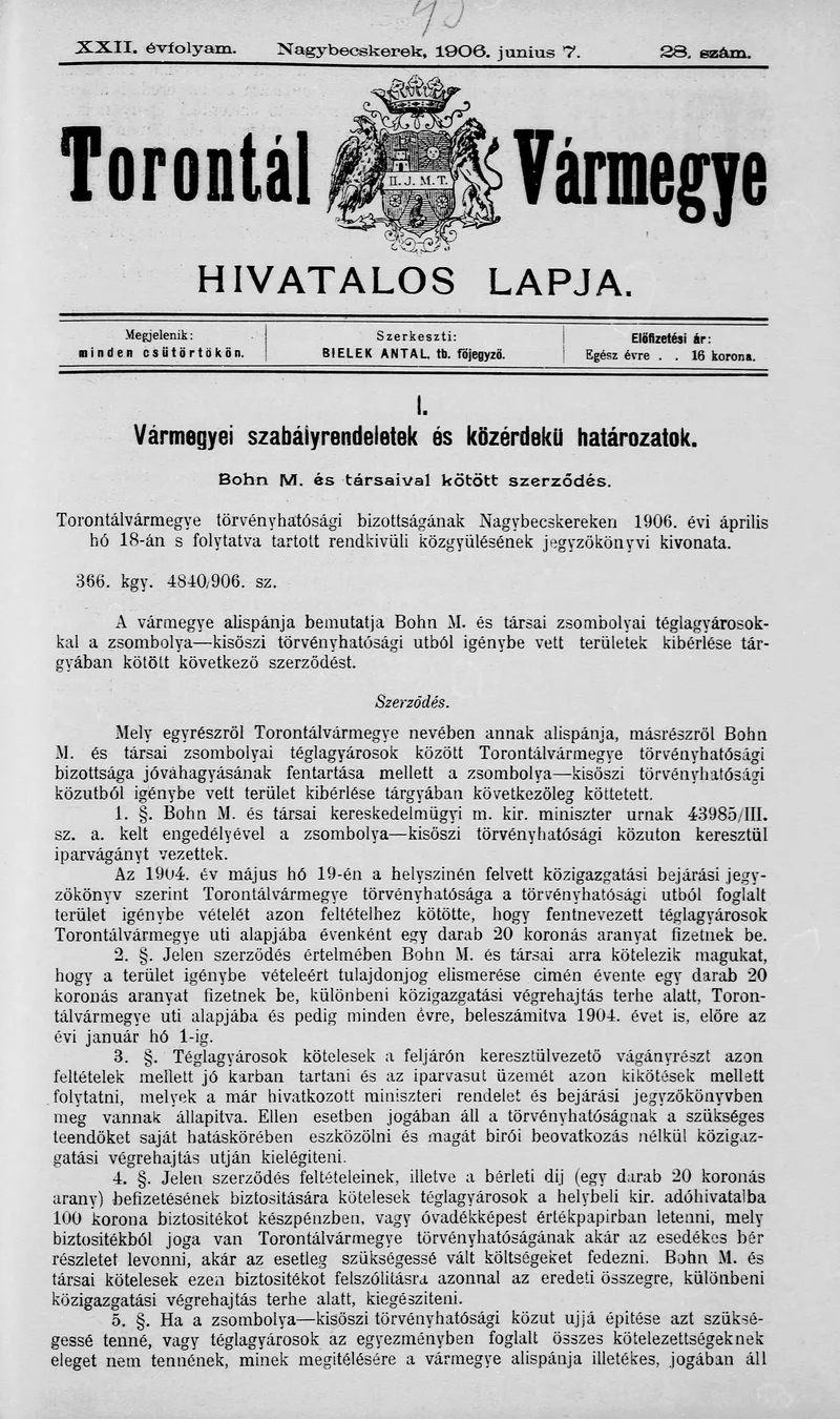 Torontál Vármegye Hivatalos Lapja, 22. évf. 1906. június 7. 28. sz.