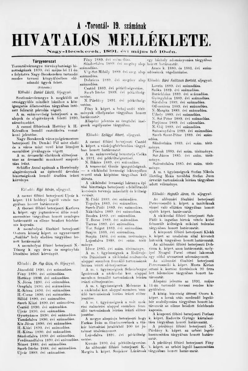 A Totontál  hivatalos melléklete, 4. évf. 1891. május 10. 19. sz.