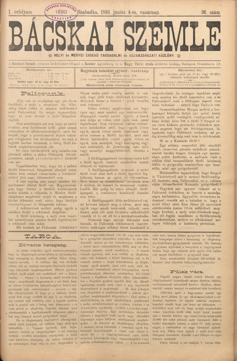 Bácskai Szemle, 1. évf. 1893. június 4. 36. sz.