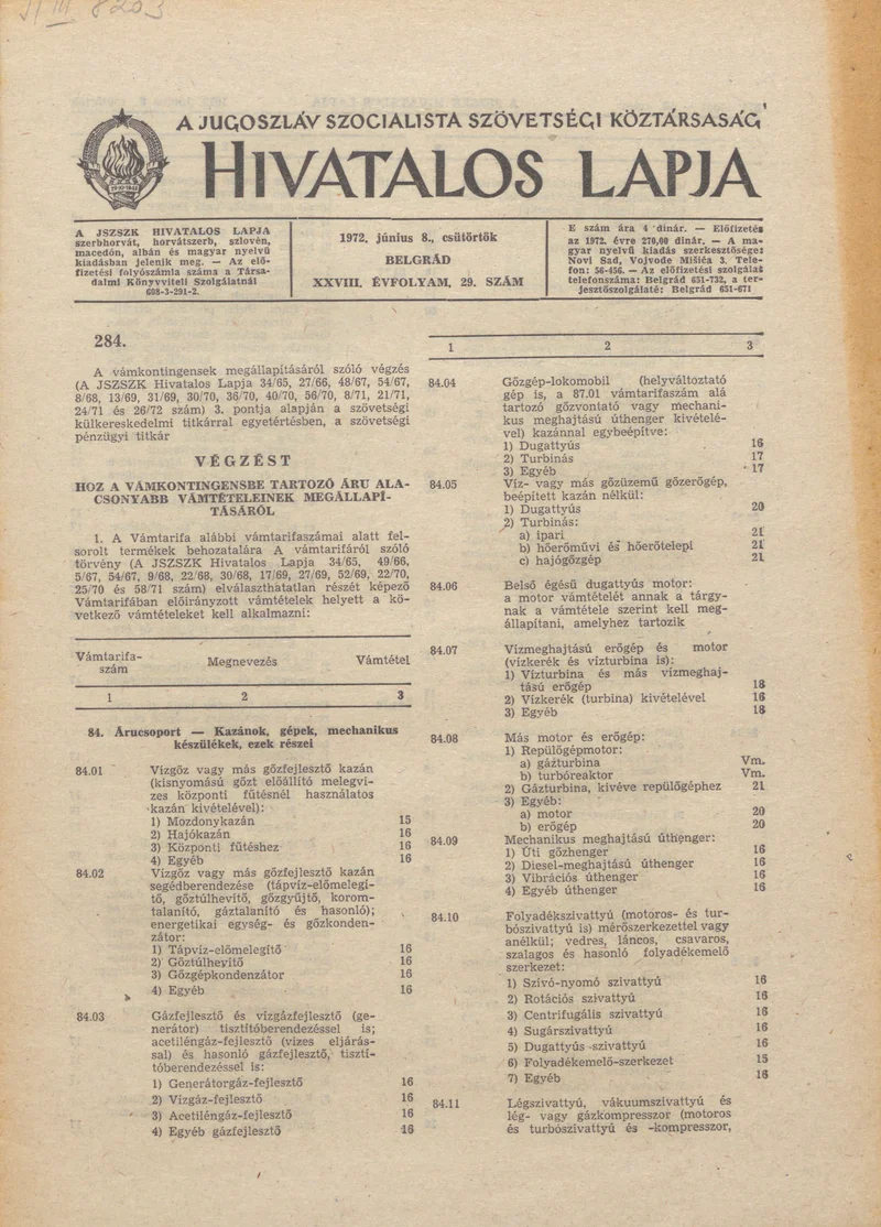 A Jugoszláv Szocialista Szövetségi Köztársaság Hivatalos Lapja, 28. évf. 1972. június 8. 29. sz. 573–592. oldal