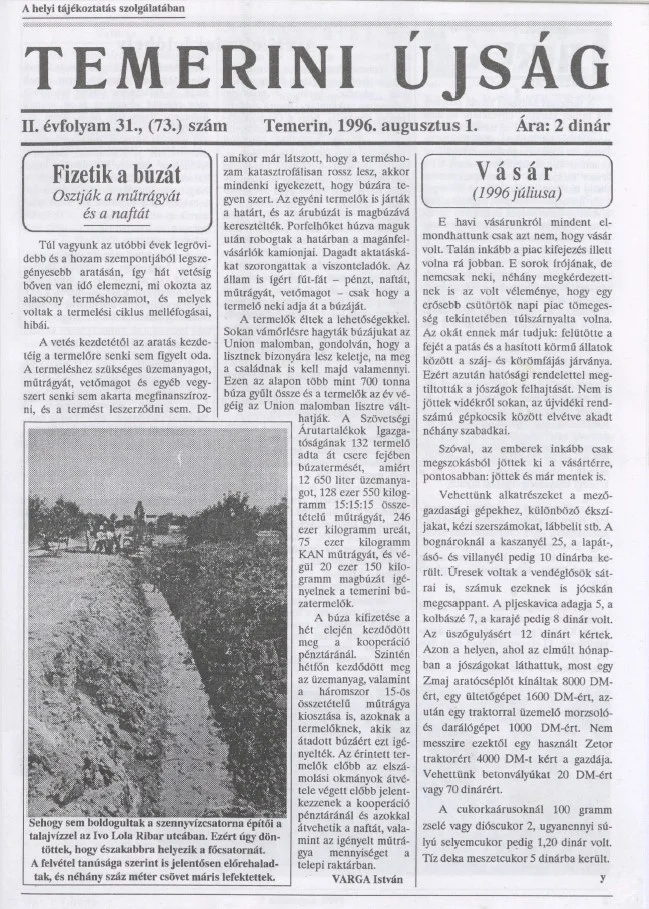 Temerini Újság, 2. évf. 1996. augusztus 1. 31. sz.