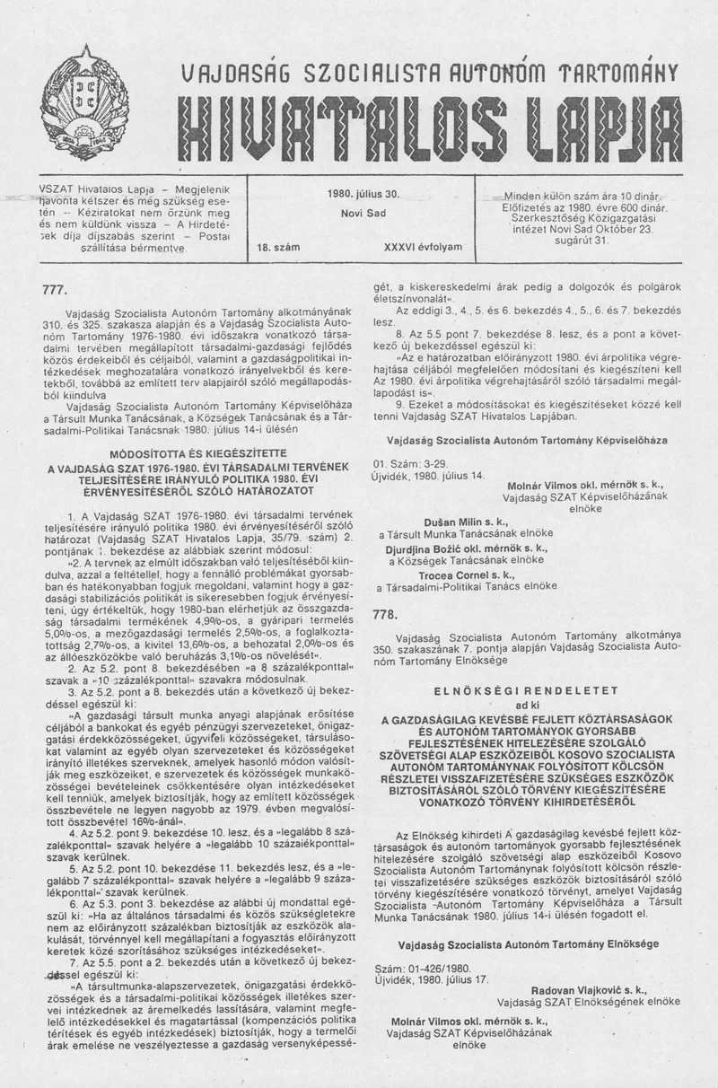 Vajdaság Szocialista Autonóm Tartomány Hivatalos Lapja, 36. évf. 1980. július 30. 18. sz. 931–958. oldal