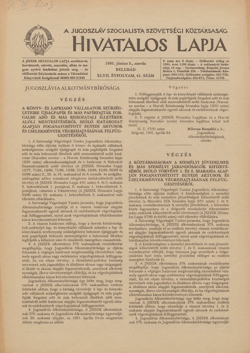 A Jugoszláv Szocialista Szövetségi Köztársaság Hivatalos Lapja, 47. évf. 1991. június 5. 41. sz. 649–652. oldal