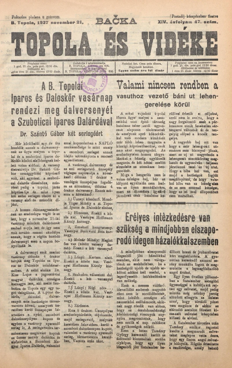 Bačka Topola és Vidéke, 14. évf. 1937. november 21. 47. sz.