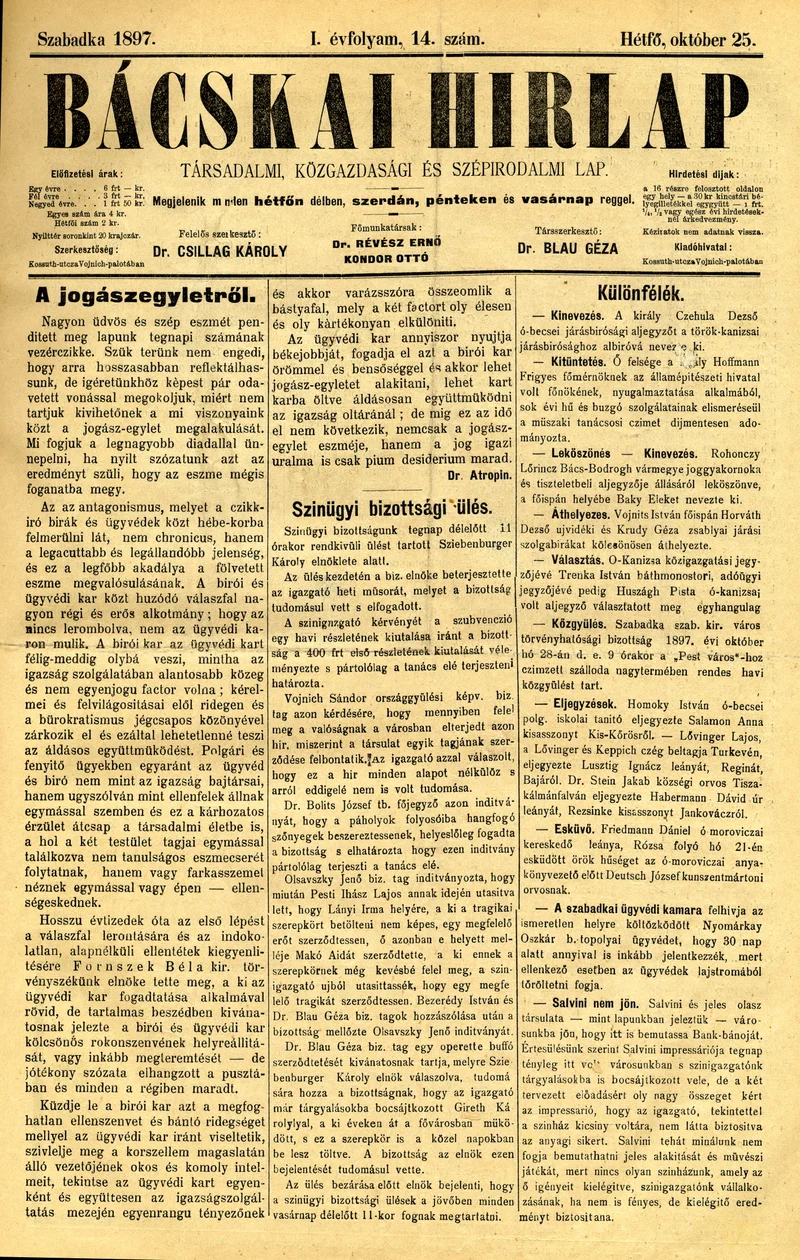 Bácskai Hirlap, 1. évf. 1897. október 25. 14. sz. 1–2. oldal