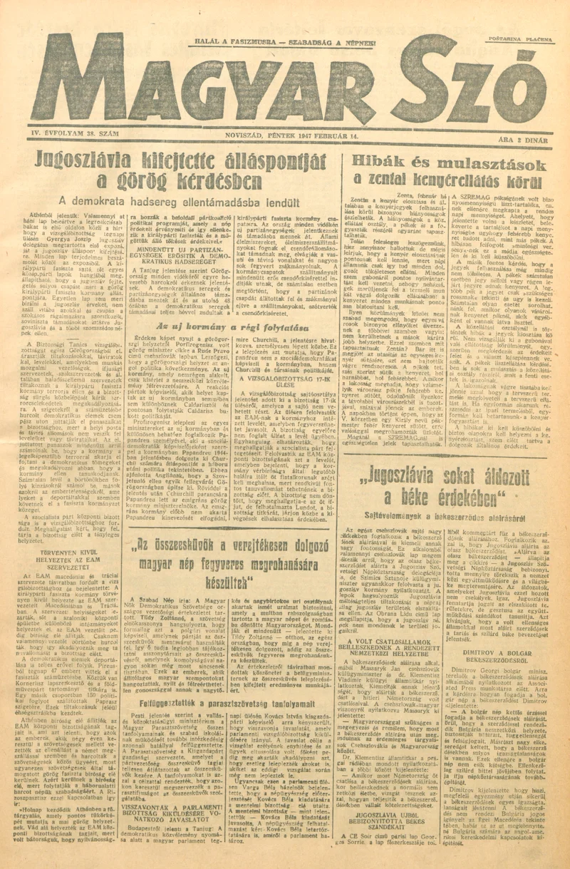 Magyar Szó, 4. évf. 1947. február 14. 38. sz. 1–6. oldal