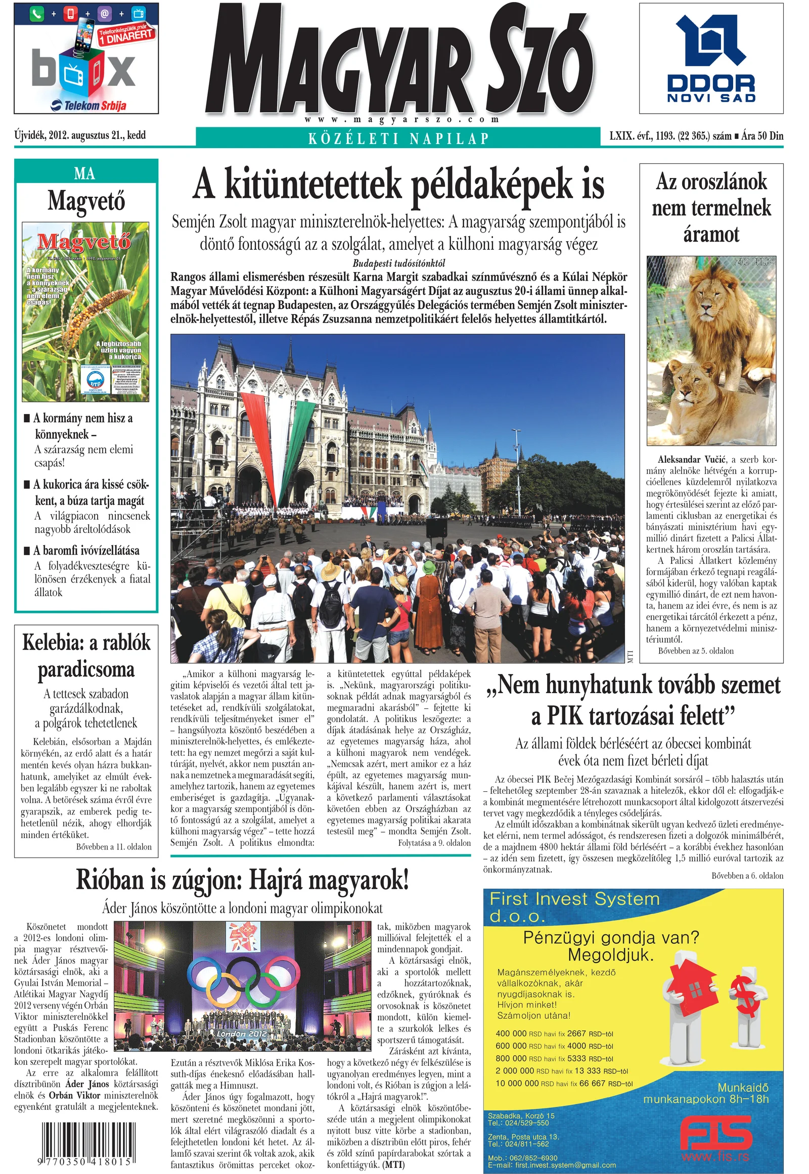 Magyar Szó, 69. évf. 2012. augusztus 21. 193. sz. 1–20. oldal