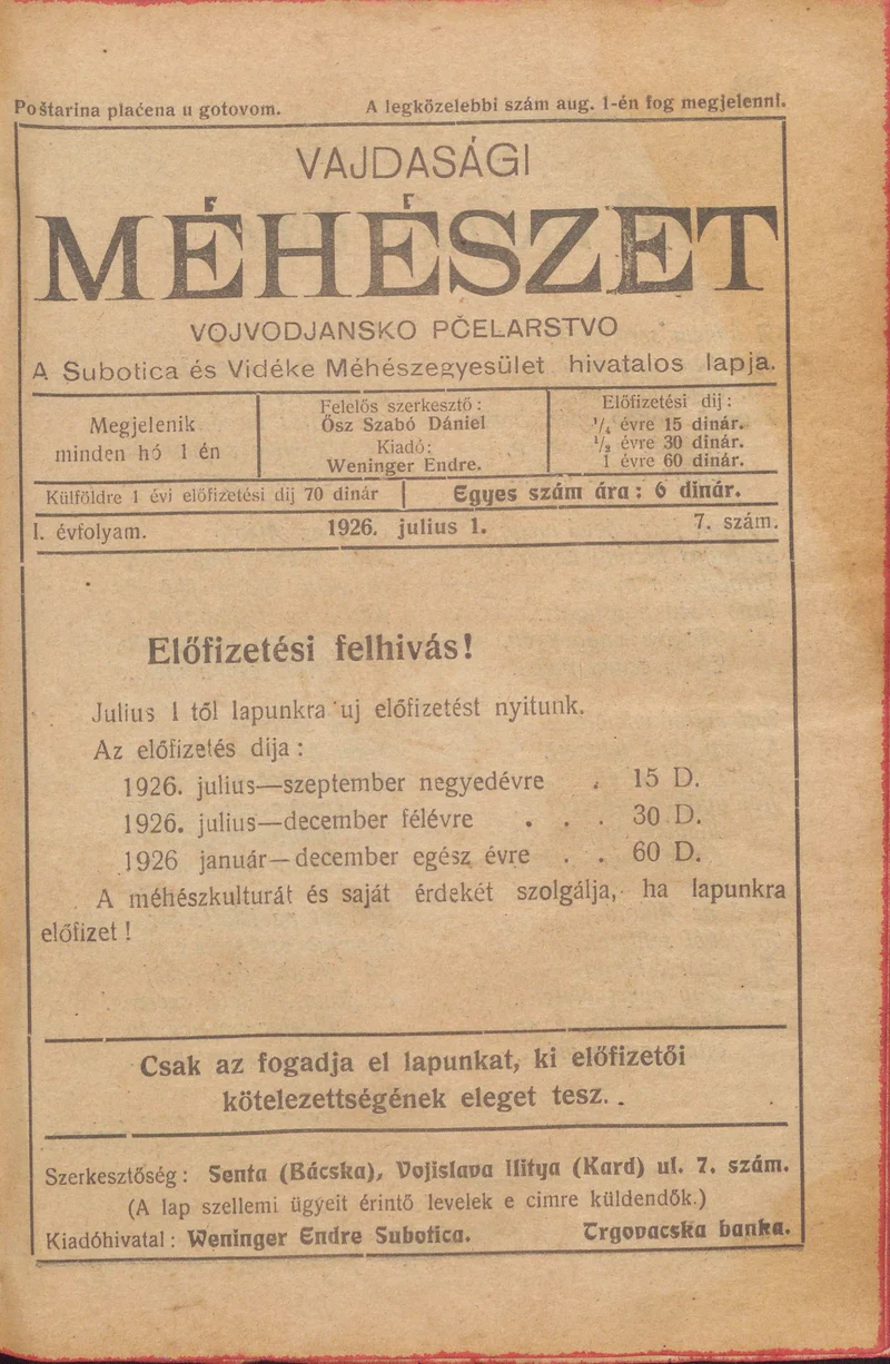 Vajdasági méhészet, 1. évf. 1926. július 1. 7. sz.