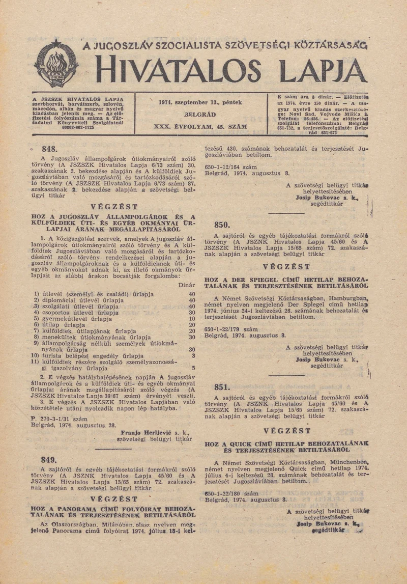A Jugoszláv Szocialista Szövetségi Köztársaság Hivatalos Lapja, 30. évf. 1974. szeptember 13. 45. sz. 1445–1448. oldal