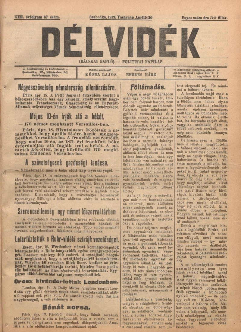 Délvidék, 13. évf. 1919. április 20. 67. sz.
