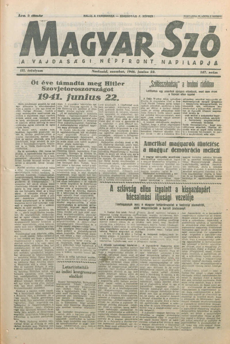 Magyar Szó, 3. évf. 1946. június 22. 147. sz. 1–8. oldal