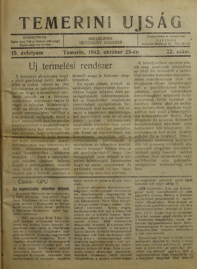 Temerini Újság 1928-1944, 15. évf. 1942. október 25. 22. sz.
