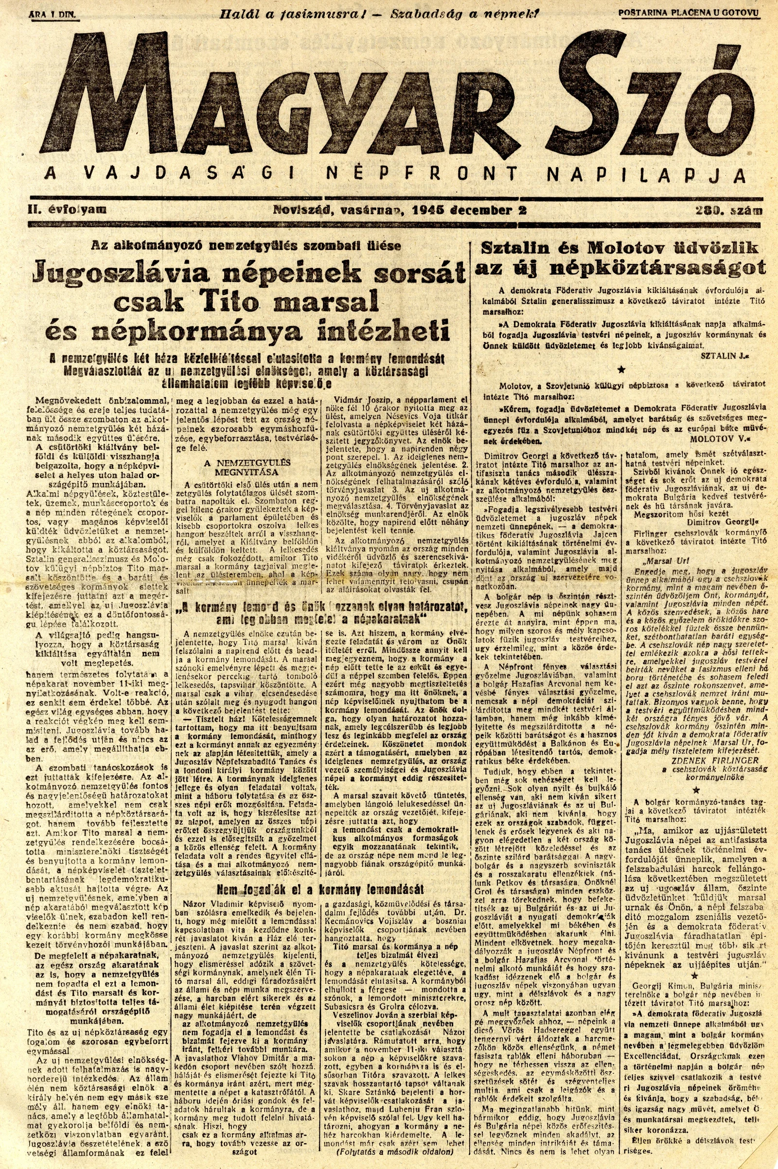Magyar Szó, 2. évf. 1945. december 2. 280. sz. 1–8. oldal