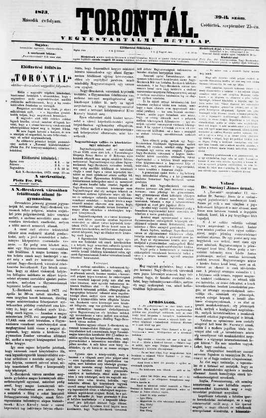 Torontál, 2. évf. 1873. szeptember 25. 39. sz.