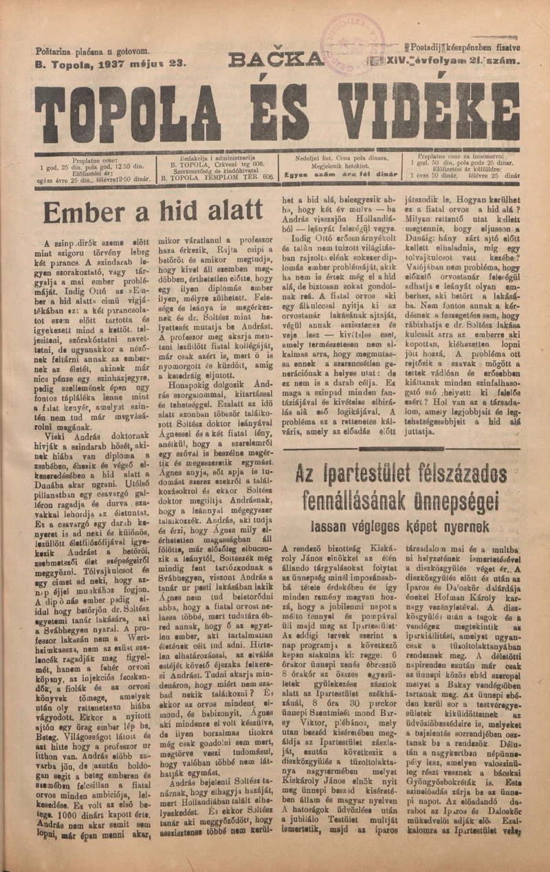 Bačka Topola és Vidéke, 14. évf. 1937. május 23. 21. sz.
