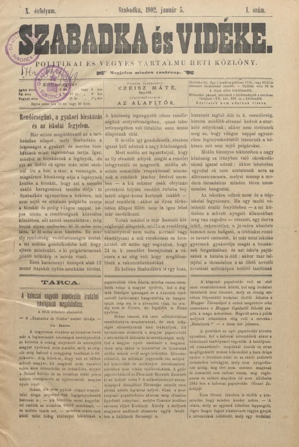 Szabadka és vidéke II, 10. évf. 1902. január 5. 1. sz.