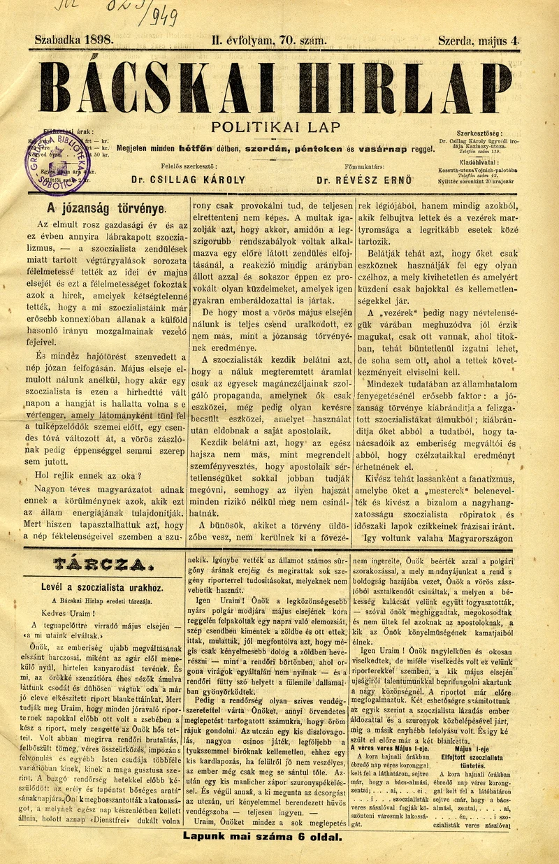 Bácskai Hirlap, 2. évf. 1898. május 4. 70. sz. 1–6. oldal