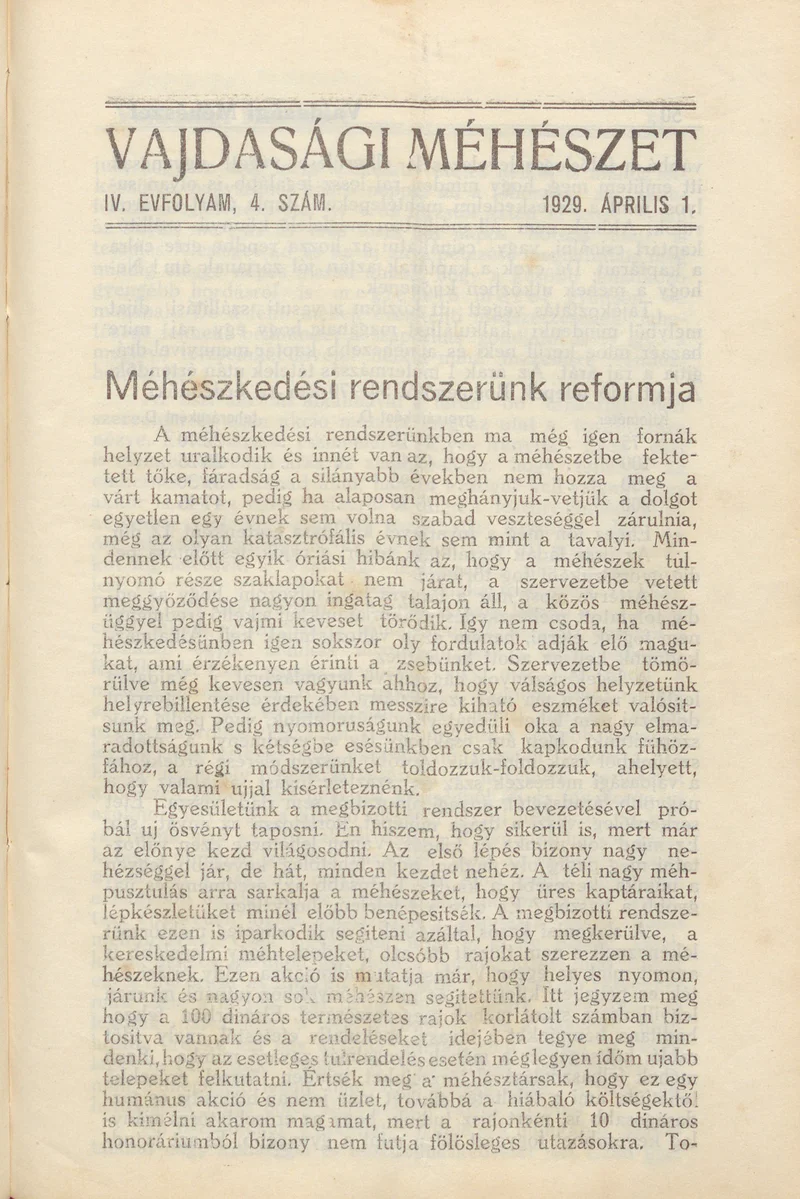 Vajdasági méhészet, 4. évf. 1929. április 1. 4. sz.