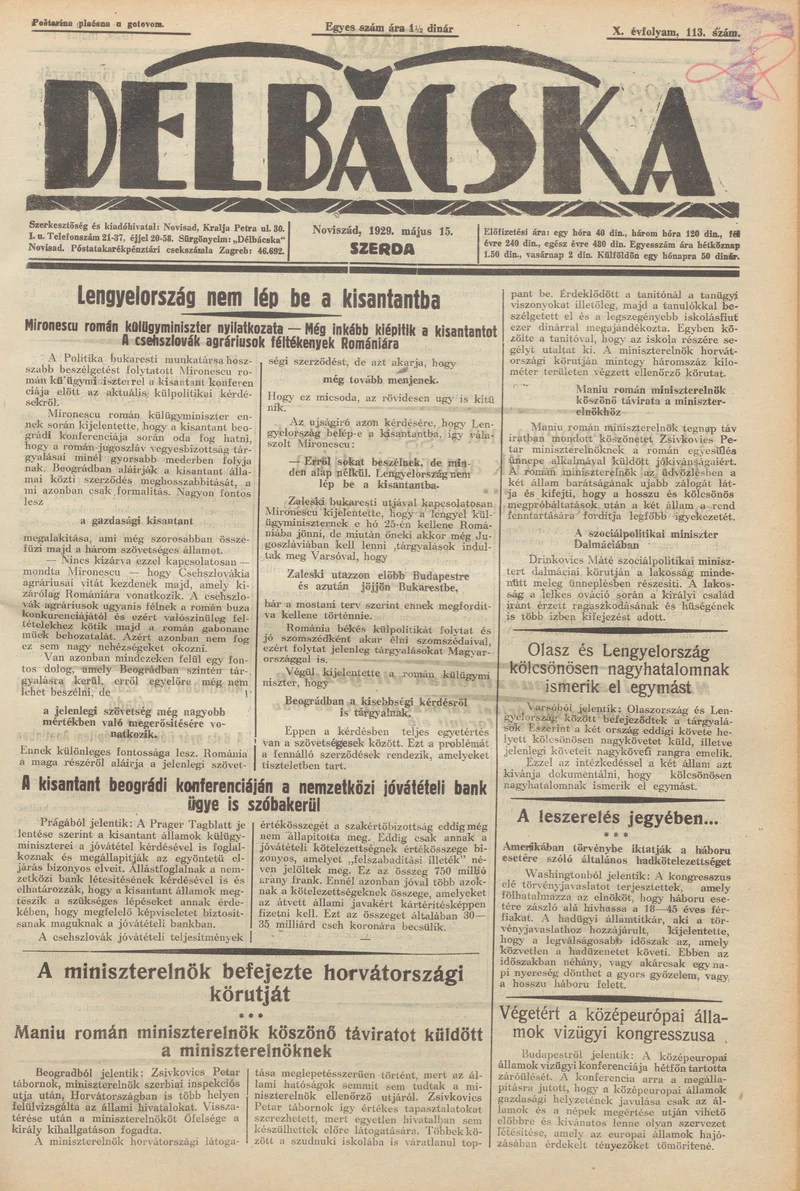 Délbácska, 10. évf. 1929. május 15. 113. sz.