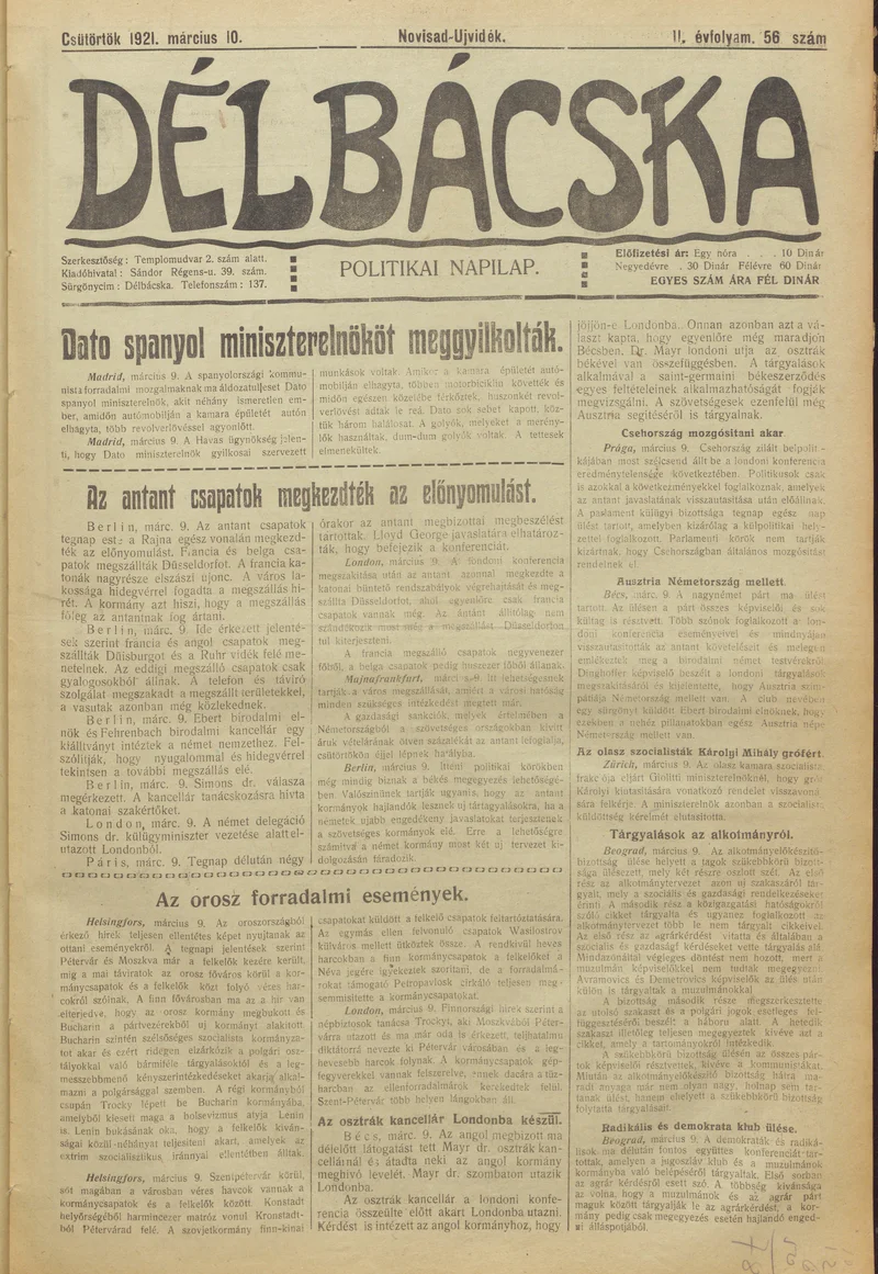 Délbácska, 2. évf. 1921. március 10. 56. sz.